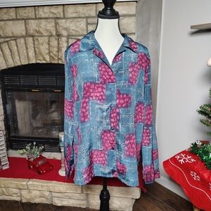 Donnkenny Blue and Pink Patterned Button-Up Shirt XL